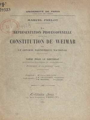 cover image of La représentation professionnelle dans la constitution de Weimar et le Conseil économique national